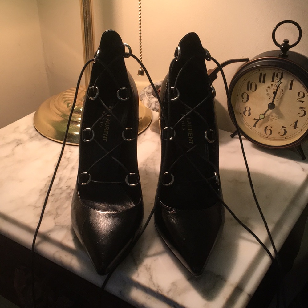yves saint laurent paris lace up black heels